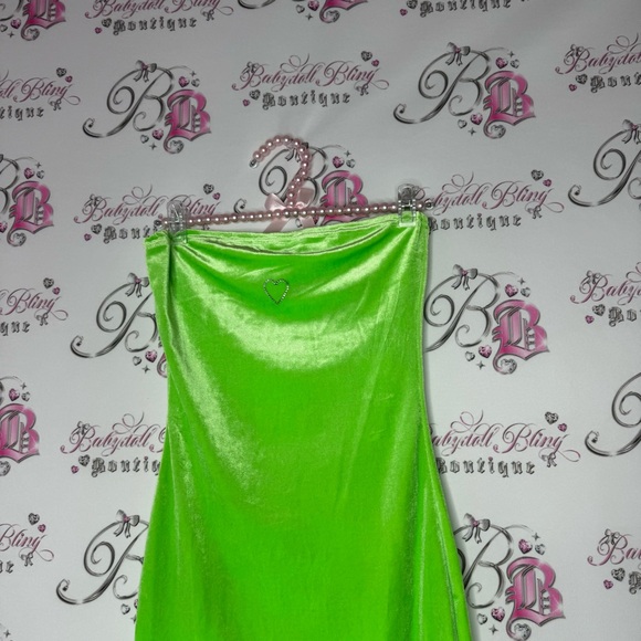 Dress heart bling rhinestone lime πβπ©green velvet velour soft leg slit strapless - Picture 4 of 12